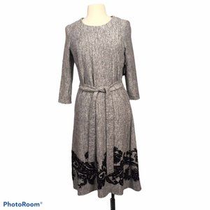 Tacera Gray A-Line Knit Dress with Black Applique